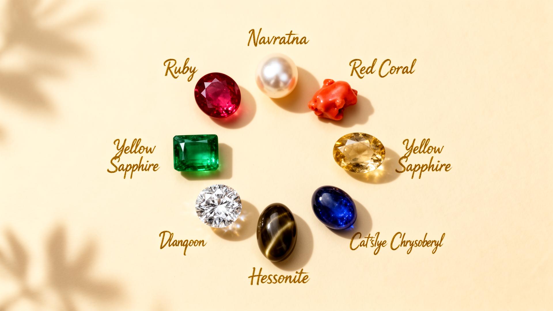 Flat-lay of the nine Navratna gemstones arranged in a circle