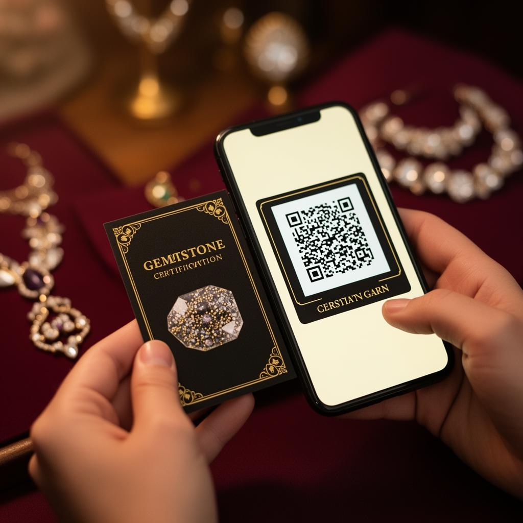 Smartphone scanning the QR code on a Diamond House certification card